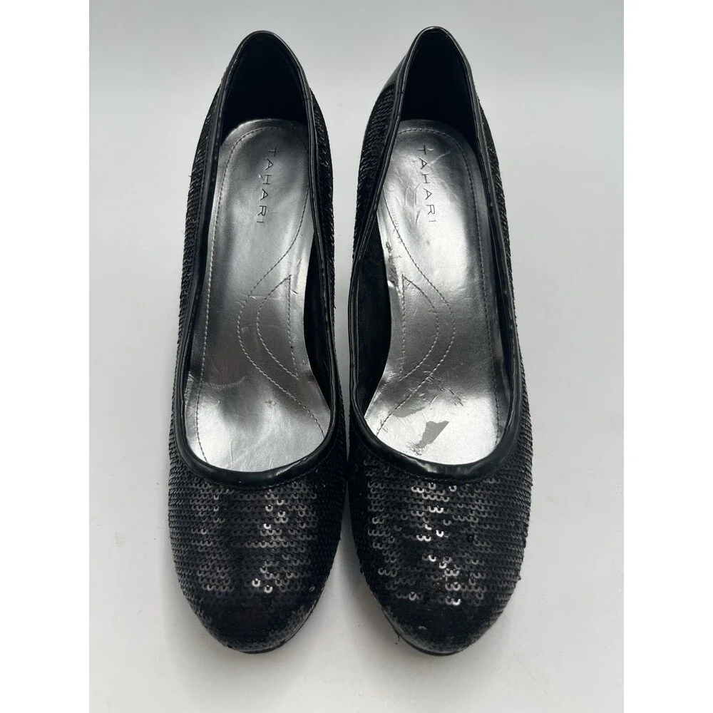 Tahari Black Sequin Round Toe Leather Pumps Heel Formal Black Tie Party Sz 8.5 M - Picture 3 of 11